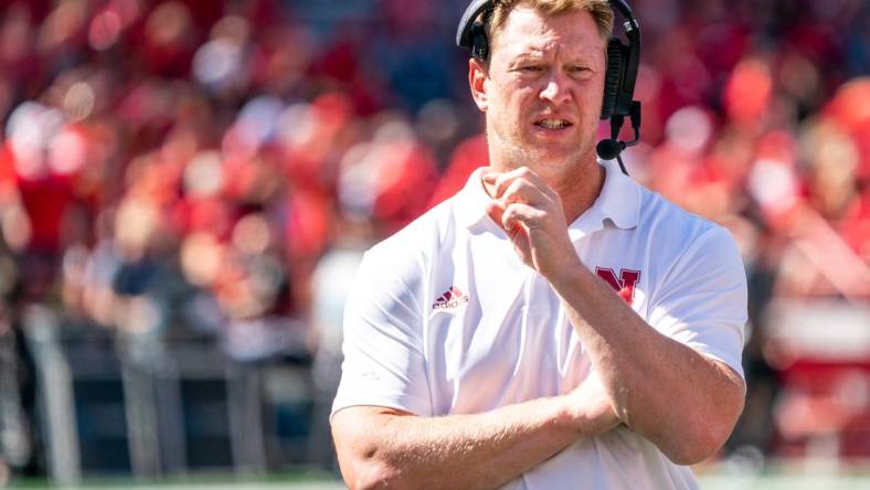 Sep 3, 2022; Lincoln, Nebraska, USA; Nebraska Cornhuskers head coach Scott Frost looks on during a timeout in the second quarter against the North Dakota Fighting Hawks at Memorial Stadium. Mandatory Credit: Dylan Widger-USA TODAY Sports