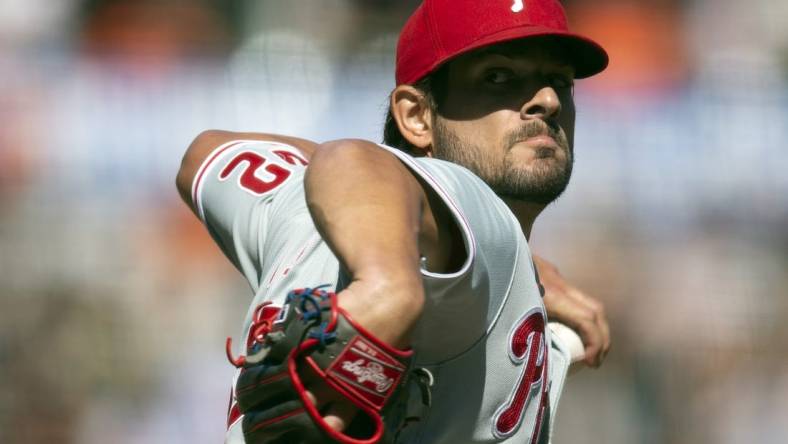 Sep 3, 2022; San Francisco, California, USA; Philadelphia Phillies pitcher Brad Hand (52) delivers a pitch against the San Francisco Giants during the sixth inning at Oracle Park. Mandatory Credit: D. Ross Cameron-USA TODAY Sports