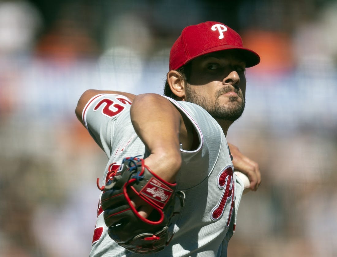 Sep 3, 2022; San Francisco, California, USA; Philadelphia Phillies pitcher Brad Hand (52) delivers a pitch against the San Francisco Giants during the sixth inning at Oracle Park. Mandatory Credit: D. Ross Cameron-USA TODAY Sports