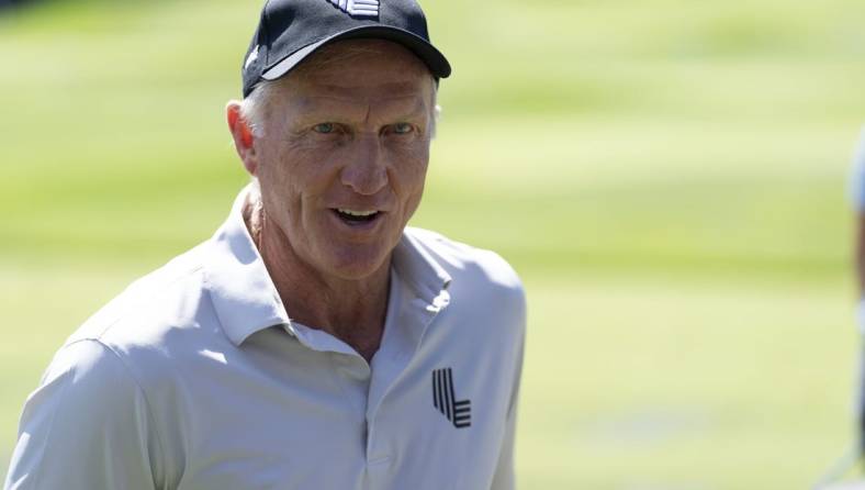 Sep 3, 2022; Boston, Massachusetts, USA; Greg Norman CEO of LIV Golf before the second round of the LIV Golf tournament at The International. Mandatory Credit: Richard Cashin-USA TODAY Sports