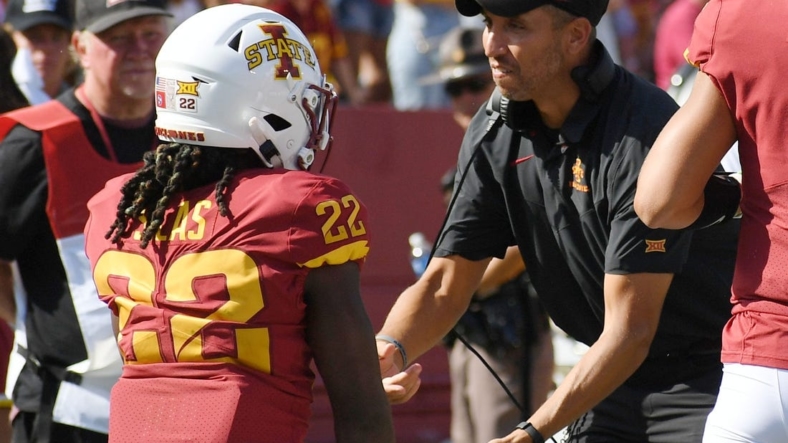 Iowa State football head coach Matt Campbell (22) celebrates with running back Deon Silas (22) after a touchdown against Southeast Missouri State during the fourth quarter in the season opening  home game at Jack Trice Stadium Saturday, Sep. 3, 2022, in Ames, Iowa.