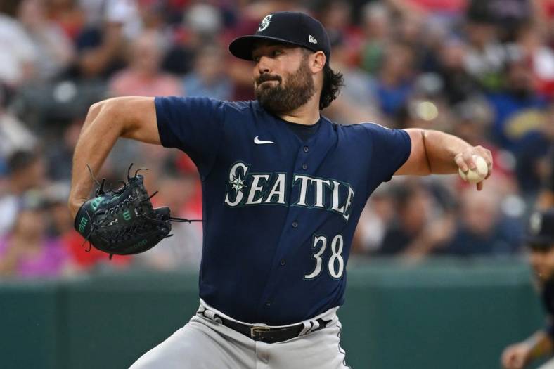 Sep 3, 2022; Cleveland, Ohio, USA; Seattle Mariners starting pitcher Robbie Ray (38) throws a pitch during the first inning against the Cleveland Guardians at Progressive Field. Mandatory Credit: Ken Blaze-USA TODAY Sports