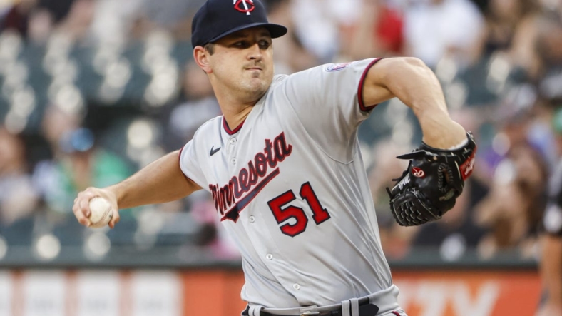Sep 3, 2022; Chicago, Illinois, USA; Minnesota Twins starting pitcher Tyler Mahle (51) delivers against the Chicago White Sox during the first inning at Guaranteed Rate Field. Mandatory Credit: Kamil Krzaczynski-USA TODAY Sports