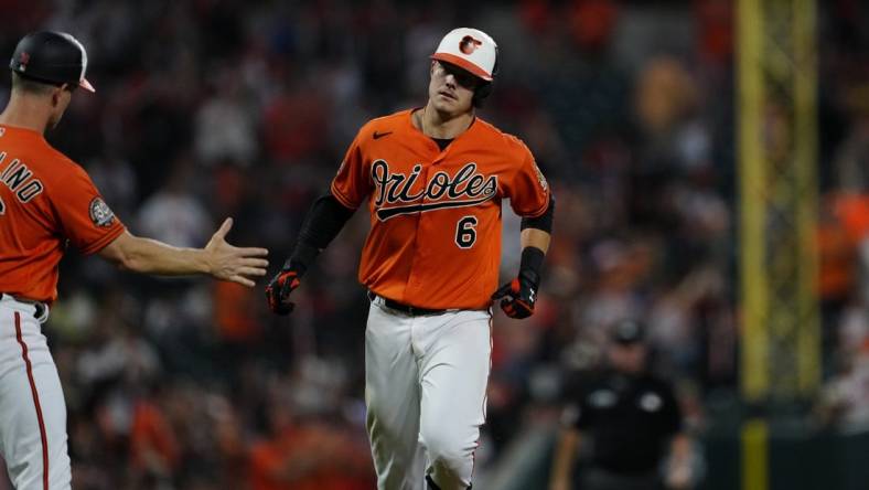 Sep 3, 2022; Baltimore, Maryland, USA; Baltimore Orioles first baseman Ryan Mountcastle (6) heads home after hitting a two-run home run against the Oakland Athletics during the first inning at Oriole Park at Camden Yards. Mandatory Credit: Brent Skeen-USA TODAY Sports