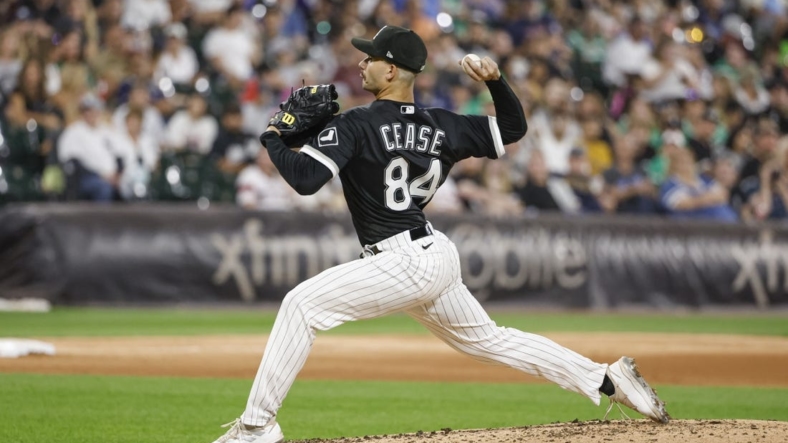 Sep 3, 2022; Chicago, Illinois, USA; Chicago White Sox starting pitcher Dylan Cease (84) delivers against the Minnesota Twins during the seventh inning at Guaranteed Rate Field. Mandatory Credit: Kamil Krzaczynski-USA TODAY Sports