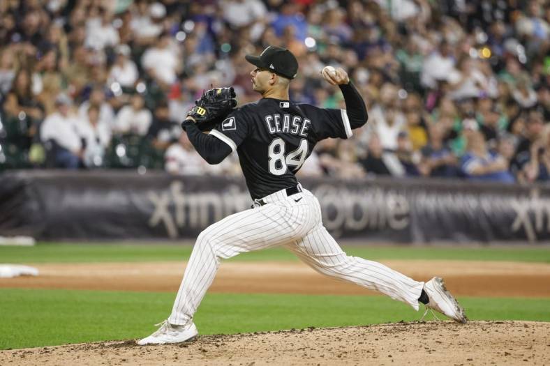 Sep 3, 2022; Chicago, Illinois, USA; Chicago White Sox starting pitcher Dylan Cease (84) delivers against the Minnesota Twins during the seventh inning at Guaranteed Rate Field. Mandatory Credit: Kamil Krzaczynski-USA TODAY Sports