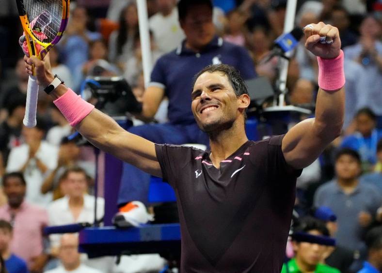 Sept 3, 2022; Flushing, NY, USA;  Rafael Nadal of Spain reacts after beating Richard Gasquet of France on day six of the 2022 U.S. Open tennis tournament at USTA Billie Jean King National Tennis Center. Mandatory Credit: Robert Deutsch-USA TODAY Sports
