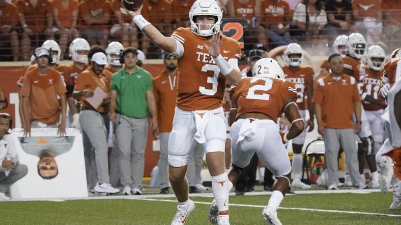 Sep 3, 2022; Austin, Texas, USA; Texas Longhorns quarterback Quinn Ewers (3) throws a pass against the Louisiana Monroe Warhawks in the first half at Darrell K Royal-Texas Memorial Stadium. Mandatory Credit: Scott Wachter-USA TODAY Sports