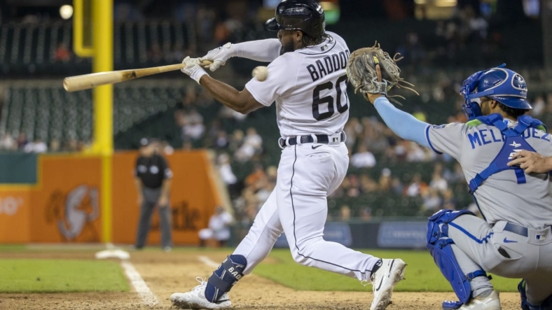 Sep 3, 2022; Detroit, Michigan, USA; Detroit Tigers left fielder Akil Baddoo (60) strikes out to end the game in the ninth inning against the Kansas City Royals at Comerica Park. Mandatory Credit: David Reginek-USA TODAY Sports