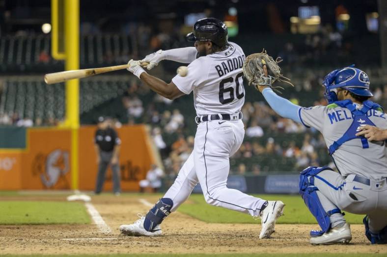 Sep 3, 2022; Detroit, Michigan, USA; Detroit Tigers left fielder Akil Baddoo (60) strikes out to end the game in the ninth inning against the Kansas City Royals at Comerica Park. Mandatory Credit: David Reginek-USA TODAY Sports