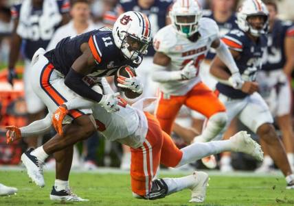 Auburn Tigers wide receiver Shedrick Jackson (11) turns up field after catching a pass as Auburn Tigers take on Mercer Bears at Jordan-Hare Stadium in Auburn, Ala., on Saturday, Sept. 3, 2022. Auburn Tigers leads Mercer Bears 28-7 at halftime.