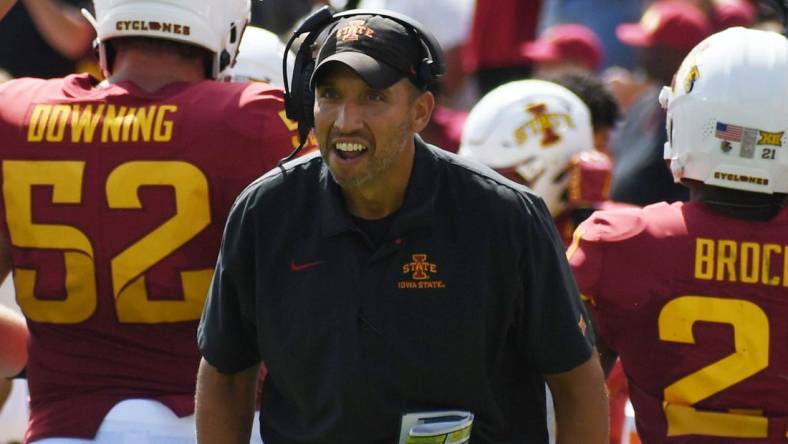 Iowa State football head coach Matt Campbell celebrates with the team after a touchdown against Southeast Missouri during the second quarter in the season-opening home game at Jack Trice Stadium Saturday, Sep. 3, 2022, in Ames, Iowa.