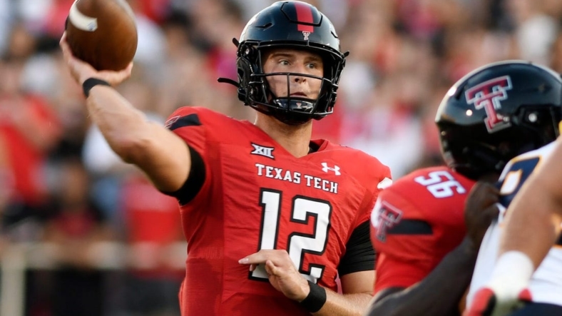 Texas Tech's quarterback Tyler Shough (12) prepares to throw the ball against Murray State in their season opener, Saturday, Sept. 3, 2022, at Jones AT&T Stadium.