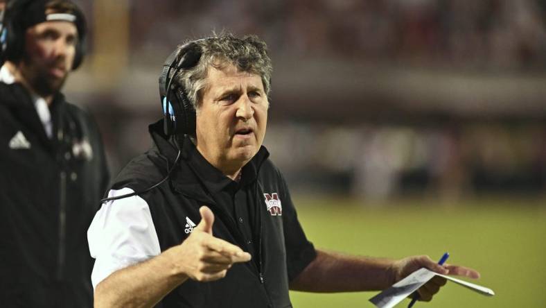 Sep 3, 2022; Starkville, Mississippi, USA; Mississippi State Bulldogs head coach Mike Leach reacts after a play against the Memphis Tigers during the fourth quarter at Davis Wade Stadium at Scott Field. Mandatory Credit: Matt Bush-USA TODAY Sports