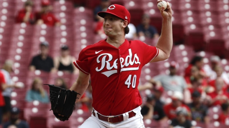 Sep 4, 2022; Cincinnati, Ohio, USA; Cincinnati Reds starting pitcher Nick Lodolo (40) throws a pitch against the Colorado Rockies during the first inning at Great American Ball Park. Mandatory Credit: David Kohl-USA TODAY Sports