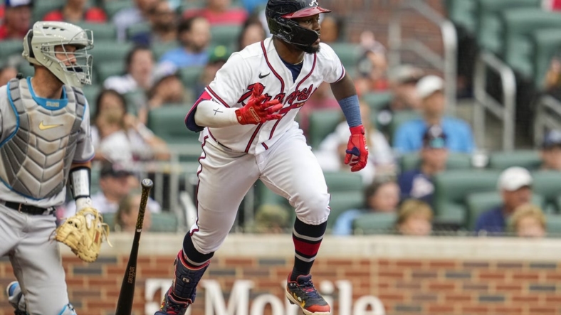 Sep 4, 2022; Cumberland, Georgia, USA; Atlanta Braves center fielder Michael Harris II (23) singles against the Miami Marlins during the second inning at Truist Park. Mandatory Credit: Dale Zanine-USA TODAY Sports