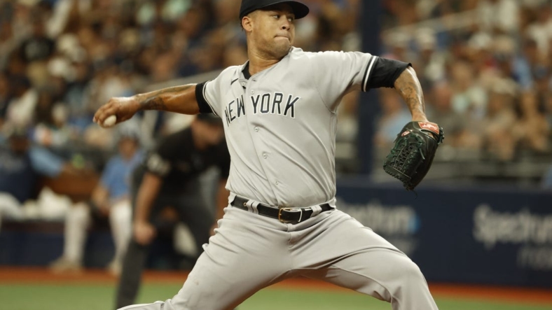 Sep 4, 2022; St. Petersburg, Florida, USA; New York Yankees starting pitcher Frankie Montas (47) throws a pitch during the first inning against the Tampa Bay Rays at Tropicana Field. Mandatory Credit: Kim Klement-USA TODAY Sports