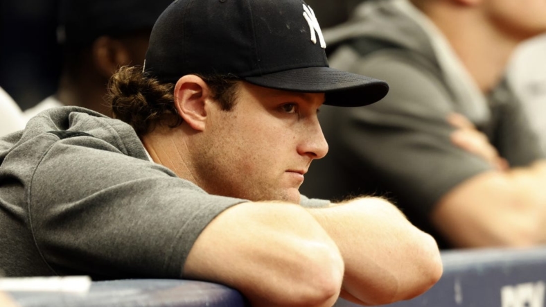 Sep 4, 2022; St. Petersburg, Florida, USA; New York Yankees pitcher Gerrit Cole (45) looks on against the Tampa Bay Rays  during the fifth inning at Tropicana Field. Mandatory Credit: Kim Klement-USA TODAY Sports