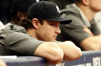 Sep 4, 2022; St. Petersburg, Florida, USA; New York Yankees pitcher Gerrit Cole (45) looks on against the Tampa Bay Rays  during the fifth inning at Tropicana Field. Mandatory Credit: Kim Klement-USA TODAY Sports