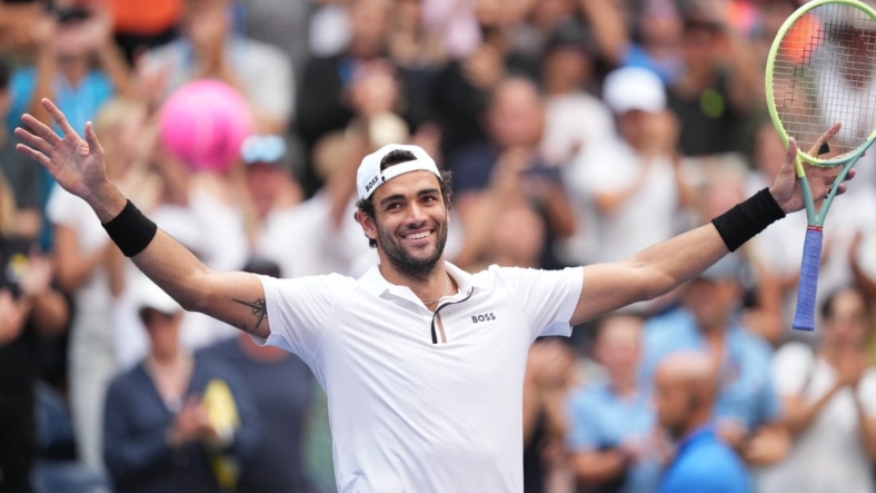 Sep 4, 2022; Flushing, NY, USA; Matteo Berrettini of Italy waves to the crowd after defeating Alejandro Davidovich Fokina of Spain on day seven of the 2022 U.S. Open tennis tournament at USTA Billie Jean King Tennis Center. Mandatory Credit: Danielle Parhizkaran-USA TODAY Sports