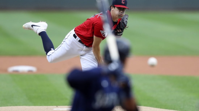 Sep 4, 2022; Cleveland, Ohio, USA;   Cleveland Guardians starting pitcher Cal Quantrill (47) pitches to Seattle Mariners center fielder Julio Rodriquez (44) during the first inning at Progressive Field. Mandatory Credit: Aaron Josefczyk-USA TODAY Sports