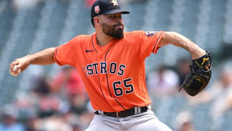 Sep 4, 2022; Anaheim, California, USA; Houston Astros starting pitcher Jose Urquidy (65) throws a pitch against the Los Angeles Angels during the first inning at Angel Stadium. Mandatory Credit: Orlando Ramirez-USA TODAY Sports