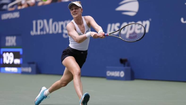 Sep 4, 2022; Flushing, NY, USA; Alison Riske-Amritraj (USA) reaches for a backhand against Caroline Garcia (FRA) (not pictured) on day seven of the 2022 U.S. Open tennis tournament at USTA Billie Jean King Tennis Center. Mandatory Credit: Geoff Burke-USA TODAY Sports