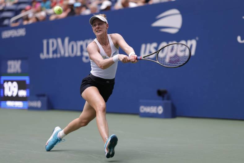 Sep 4, 2022; Flushing, NY, USA; Alison Riske-Amritraj (USA) reaches for a backhand against Caroline Garcia (FRA) (not pictured) on day seven of the 2022 U.S. Open tennis tournament at USTA Billie Jean King Tennis Center. Mandatory Credit: Geoff Burke-USA TODAY Sports