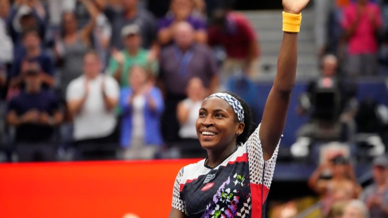 Sept 4, 2022; Flushing, NY, USA;  Coco Gauff of the USA after beating Shuai Zhang of China on day seven of the 2022 U.S. Open tennis tournament at USTA Billie Jean King National Tennis Center. Mandatory Credit: Robert Deutsch-USA TODAY Sports
