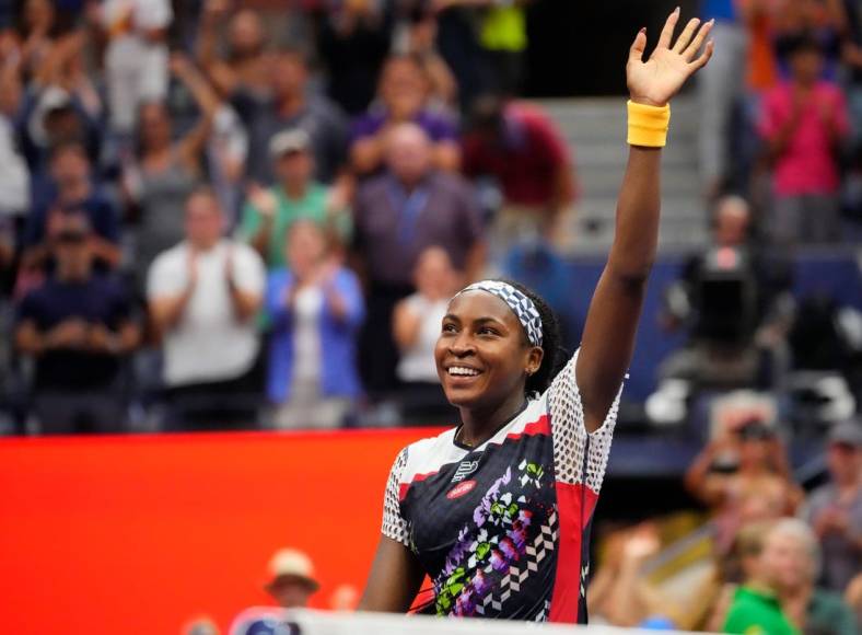 Sept 4, 2022; Flushing, NY, USA;  Coco Gauff of the USA after beating Shuai Zhang of China on day seven of the 2022 U.S. Open tennis tournament at USTA Billie Jean King National Tennis Center. Mandatory Credit: Robert Deutsch-USA TODAY Sports