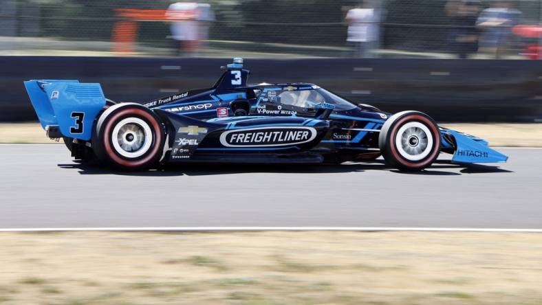 Sep 4, 2022; Portland, Oregon, USA; IndyCar driver Scott McLaughlin (3) drives during Grand Prix of Portland at Portland International Raceway. Mandatory Credit: Soobum Im-USA TODAY Sports