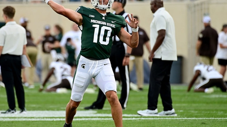 Sep 2, 2022; East Lansing, Michigan, USA;  Michigan State Spartans quarterback Payton Thorne (10) throws before a game against Western Michigan University at Spartan Stadium. Mandatory Credit: Dale Young-USA TODAY Sports