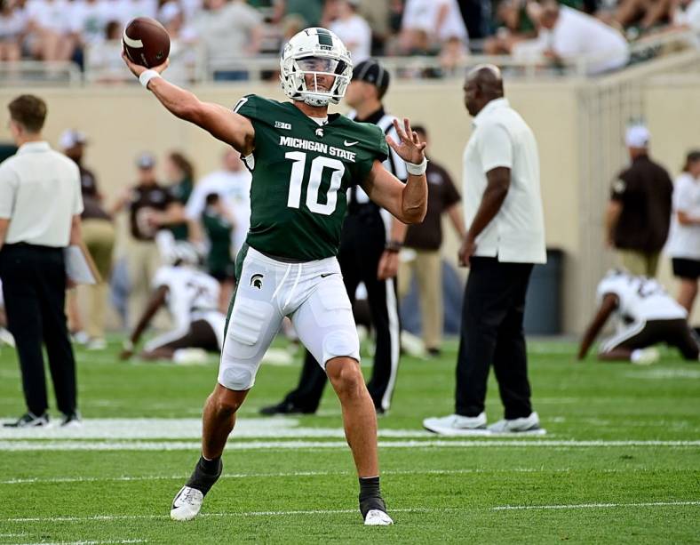 Sep 2, 2022; East Lansing, Michigan, USA;  Michigan State Spartans quarterback Payton Thorne (10) throws before a game against Western Michigan University at Spartan Stadium. Mandatory Credit: Dale Young-USA TODAY Sports