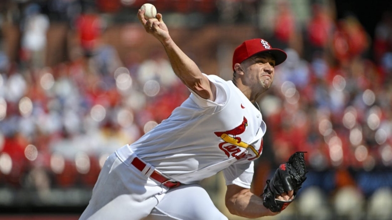 Sep 5, 2022; St. Louis, Missouri, USA;  St. Louis Cardinals starting pitcher Jack Flaherty (22) pitches against the Washington Nationals during the third inning at Busch Stadium. Mandatory Credit: Jeff Curry-USA TODAY Sports