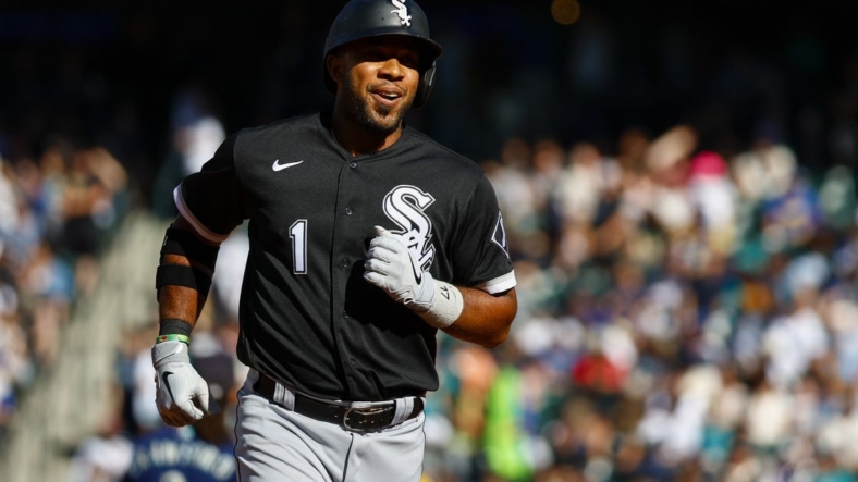 Sep 5, 2022; Seattle, Washington, USA; Chicago White Sox shortstop Elvis Andrus (1) runs the bases after hitting a two-run home run against the Seattle Mariners during the third inning at T-Mobile Park. Mandatory Credit: Joe Nicholson-USA TODAY Sports