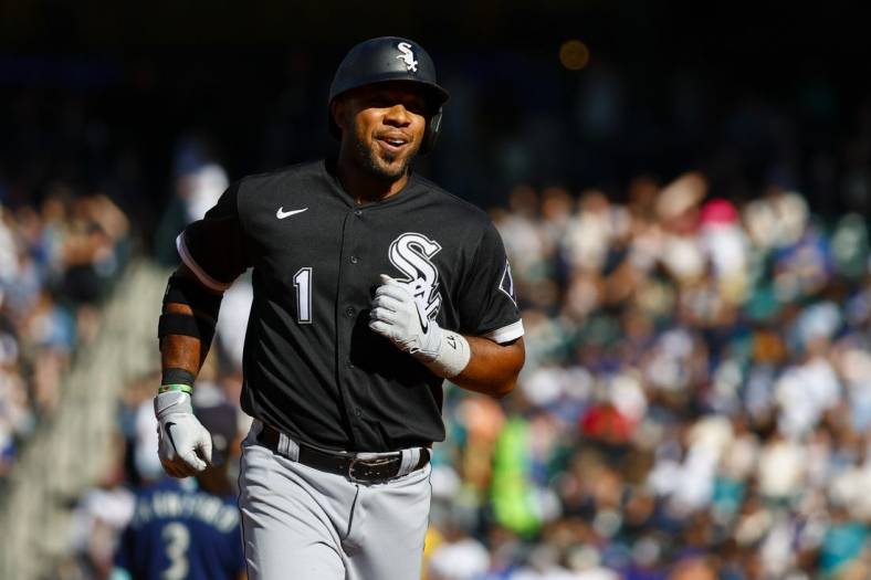 Sep 5, 2022; Seattle, Washington, USA; Chicago White Sox shortstop Elvis Andrus (1) runs the bases after hitting a two-run home run against the Seattle Mariners during the third inning at T-Mobile Park. Mandatory Credit: Joe Nicholson-USA TODAY Sports