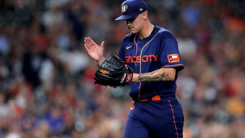 Sep 5, 2022; Houston, Texas, USA; Houston Astros starting pitcher Hunter Brown (58) reacts after a strikeout against the Texas Rangers during the fifth inning at Minute Maid Park. Mandatory Credit: Erik Williams-USA TODAY Sports