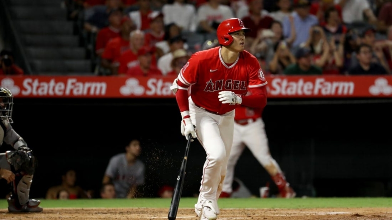 Sep 5, 2022; Anaheim, California, USA;  Los Angeles Angels designated hitter Shohei Ohtani (17) hits a home run during the third inning against the Detroit Tigers at Angel Stadium. Mandatory Credit: Kiyoshi Mio-USA TODAY Sports
