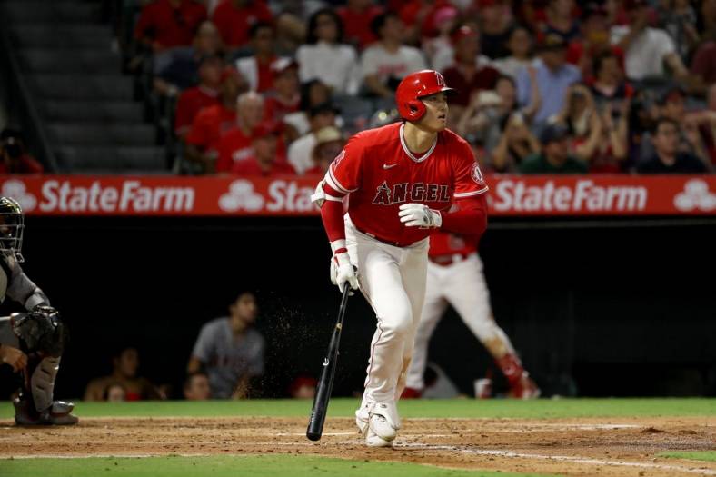 Sep 5, 2022; Anaheim, California, USA;  Los Angeles Angels designated hitter Shohei Ohtani (17) hits a home run during the third inning against the Detroit Tigers at Angel Stadium. Mandatory Credit: Kiyoshi Mio-USA TODAY Sports