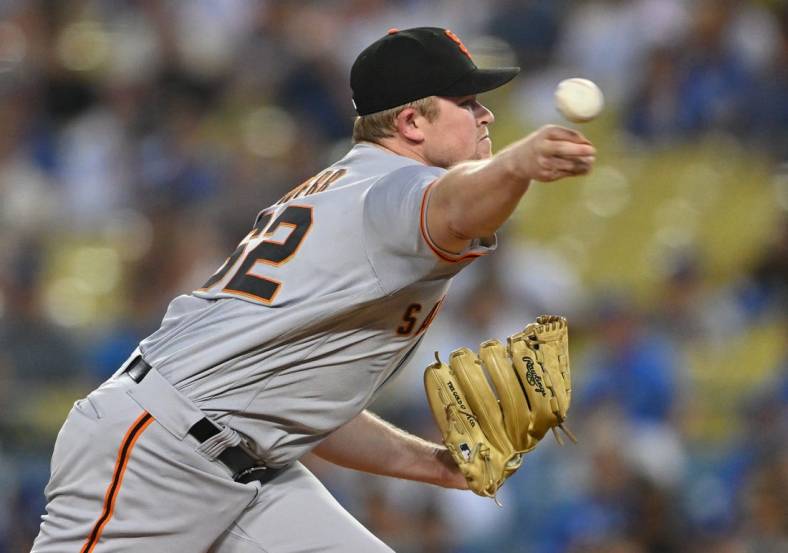 Sep 5, 2022; Los Angeles, California, USA;  San Francisco Giants starting pitcher Logan Webb (62) throws to the plate in the first inning against the Los Angeles Dodgers at Dodger Stadium. Mandatory Credit: Jayne Kamin-Oncea-USA TODAY Sports