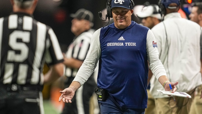 Sep 5, 2022; Atlanta, Georgia, USA; Georgia Tech Yellow Jackets head coach Geoff Collins reacts after a call during the game against the Clemson Tigers during the second half at Mercedes-Benz Stadium. Mandatory Credit: Dale Zanine-USA TODAY Sports
