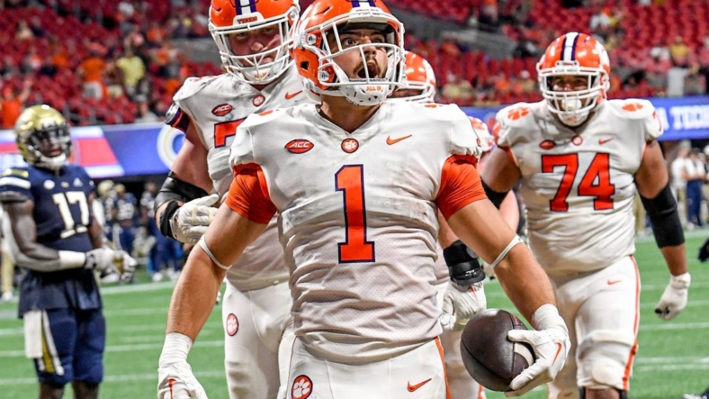 Clemson running back Will Shipley (1) reacts after scoring during the fourth quarter at the Mercedes-Benz Stadium in Atlanta, Georgia Monday, September 5, 2022.Ncaa Fb Clemson At Georgia Tech