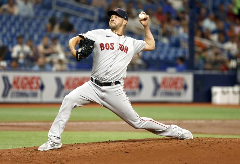 Sep 6, 2022; St. Petersburg, Florida, USA; Boston Red Sox starting pitcher Rich Hill (44) throws a pitch against the Tampa Bay Rays during the second inning at Tropicana Field. Mandatory Credit: Kim Klement-USA TODAY Sports