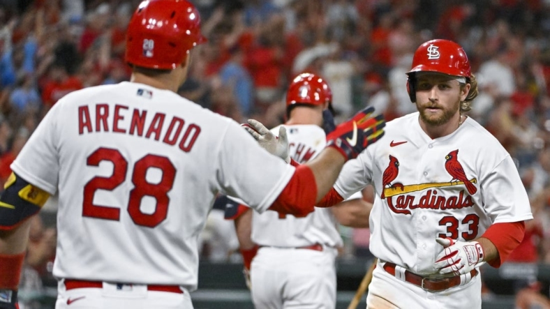 Sep 6, 2022; St. Louis, Missouri, USA;  St. Louis Cardinals third baseman Brendan Donovan (33) is congratulated by designated hitter Nolan Arenado (28) after hitting a solo home run against the Washington Nationals during the fourth inning at Busch Stadium. Mandatory Credit: Jeff Curry-USA TODAY Sports