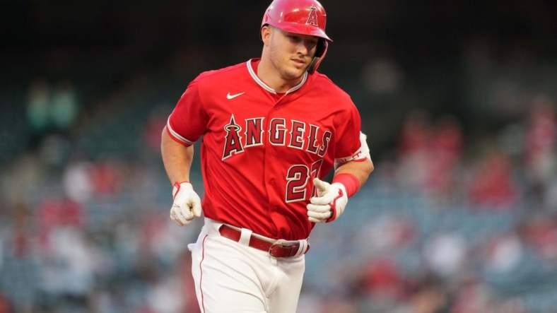 Sep 6, 2022; Anaheim, California, USA;  Los Angeles Angels center fielder Mike Trout (27) rounds the bases after hitting a solo home run in the first inning against the Detroit Tigers at Angel Stadium. Mandatory Credit: Kirby Lee-USA TODAY Sports