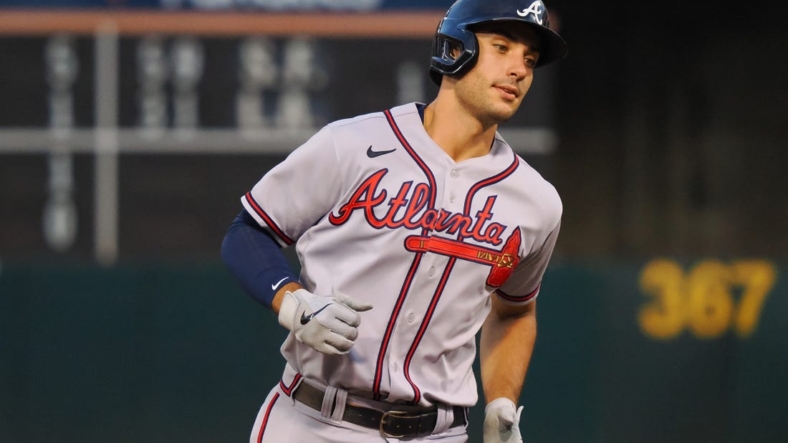 Sep 6, 2022; Oakland, California, USA; Atlanta Braves first baseman Matt Olson (28) rounds the bases on a three-run home run against the Oakland Athletics during the third inning at RingCentral Coliseum. Mandatory Credit: Kelley L Cox-USA TODAY Sports