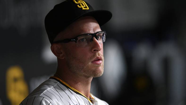 Sep 6, 2022; San Diego, California, USA; San Diego Padres designated hitter Matt Beaty (27) looks on from the dugout during the eighth inning against the Arizona Diamondbacks at Petco Park. Mandatory Credit: Orlando Ramirez-USA TODAY Sports