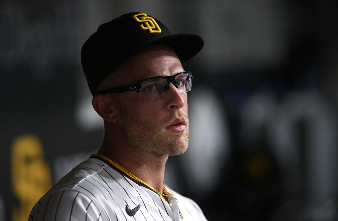 Sep 6, 2022; San Diego, California, USA; San Diego Padres designated hitter Matt Beaty (27) looks on from the dugout during the eighth inning against the Arizona Diamondbacks at Petco Park. Mandatory Credit: Orlando Ramirez-USA TODAY Sports