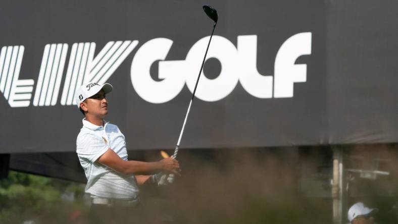 Sep 4, 2022; Boston, Massachusetts, USA; Sadom Kaewkanjana tees off on the 16th during the final round of the LIV Golf tournament at The International. Mandatory Credit: Richard Cashin-USA TODAY Sports