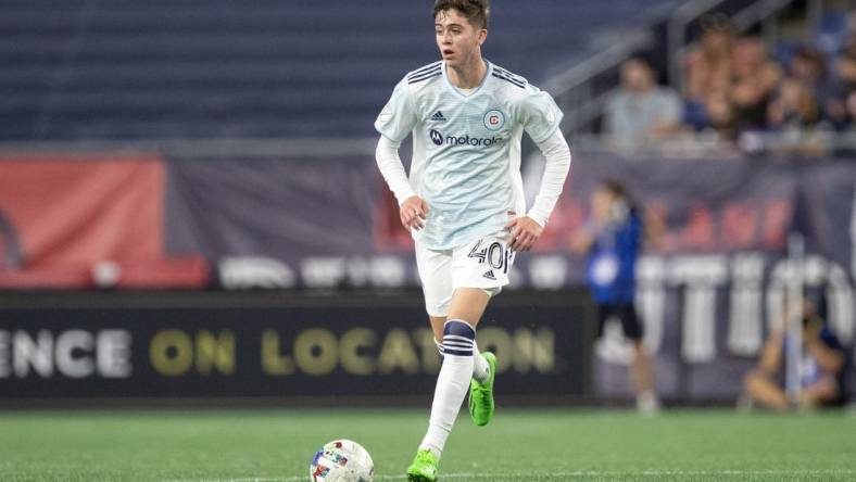 Aug 31, 2022; Foxborough, Massachusetts, USA; Chicago Fire FC midfielder Brian Gutierrez (40) possesses the ball during the first half against the New England Revolution at Gillette Stadium. Mandatory Credit: Paul Rutherford-USA TODAY Sports